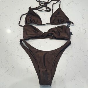 Women’s Brown Knot Bikini Set - Sleek Three-Piece Swim